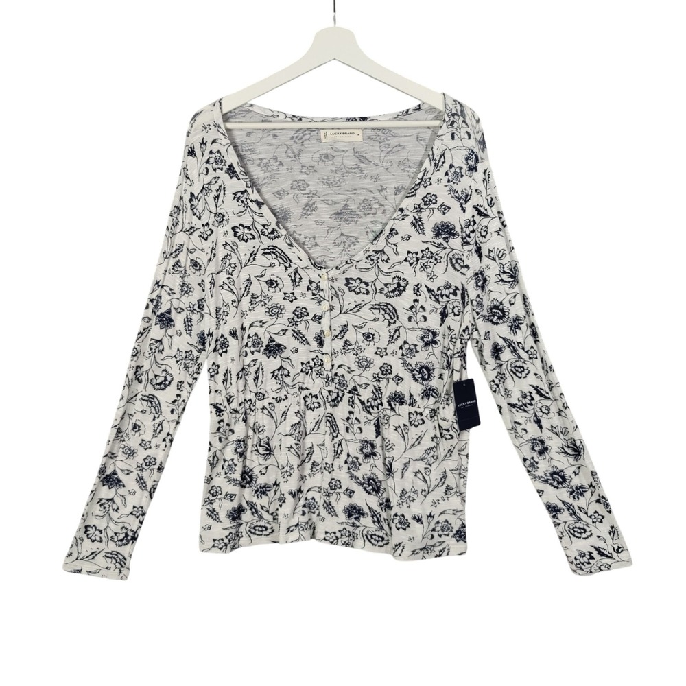 Lucky Brand Floral Breathable Long Sleeve Button‎ V-Neck Blouse White Size M NEW